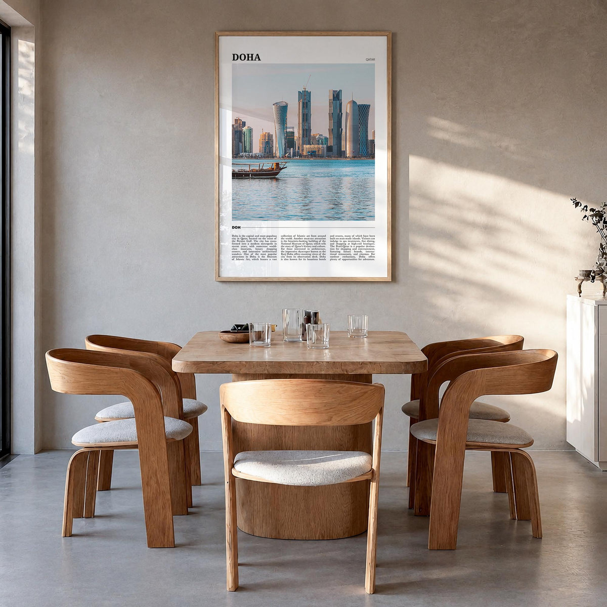 Doha colorful travel poster of Qatar – vertical wall art in natural wood frame, hanging on wall
