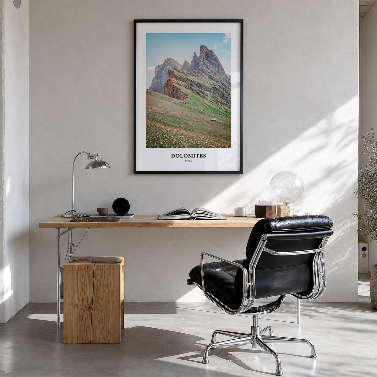 Dolomites colorful classic poster of Italy – vertical wall art in black wood frame, hanging on wall