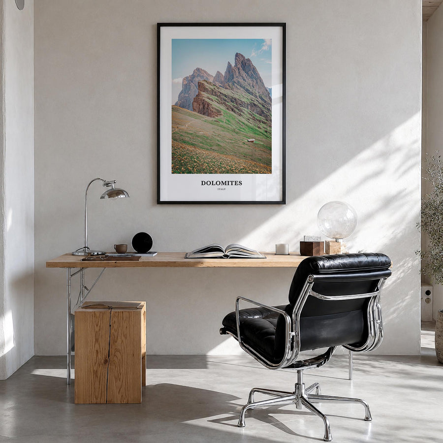 Dolomites colorful classic poster of Italy – vertical wall art in black wood frame, hanging on wall
