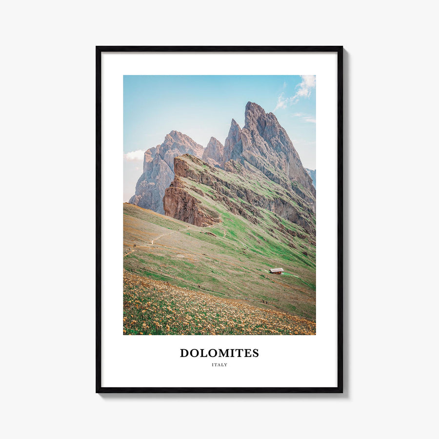 Dolomites colorful classic poster of Italy – vertical wall art, unframed print shown in interior mockup