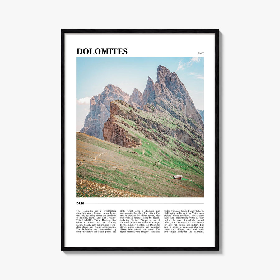 Dolomites colorful travel poster of Italy – vertical wall art, unframed print shown in interior mockup