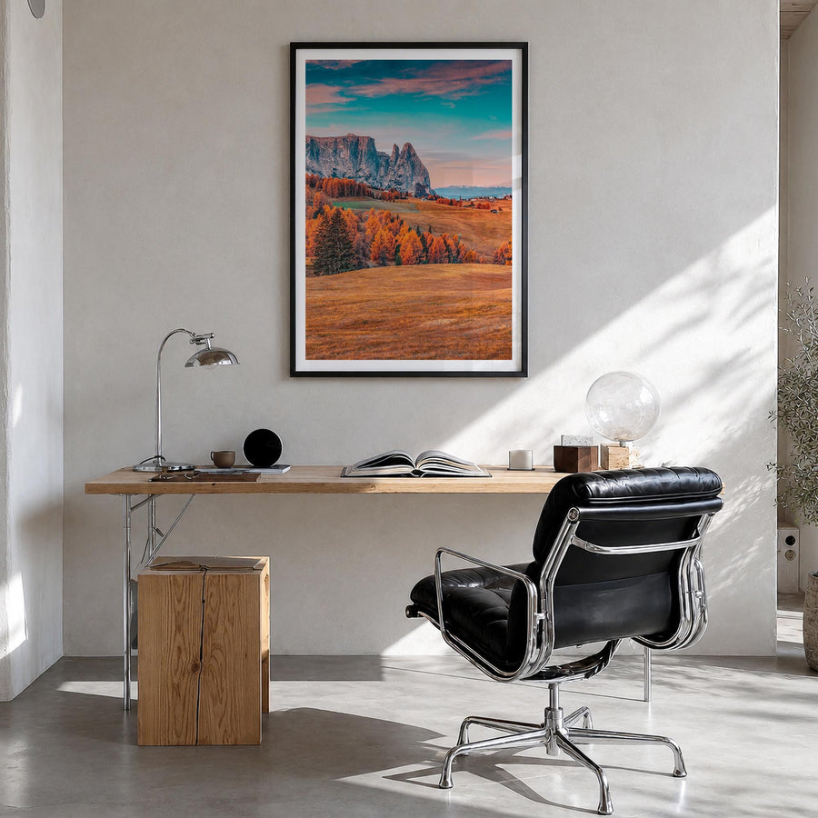 Dolomites no. 2 colorful photo poster of Italy – vertical wall art in black wood frame with white border, hanging on wall