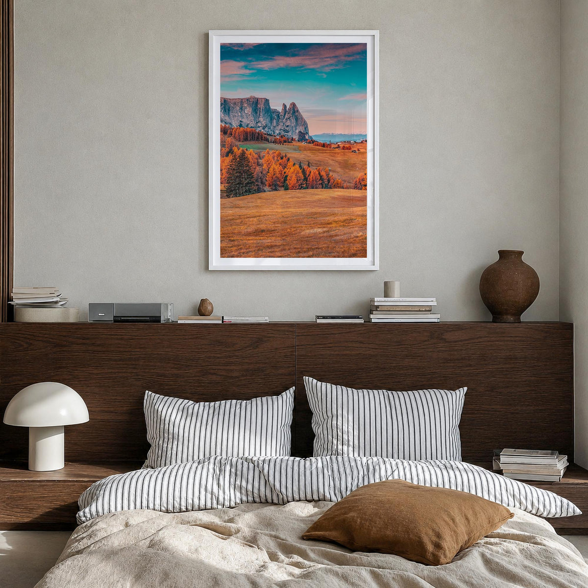 Dolomites no. 2 colorful photo poster of Italy – vertical wall art in white wood frame with white border, hanging on wall