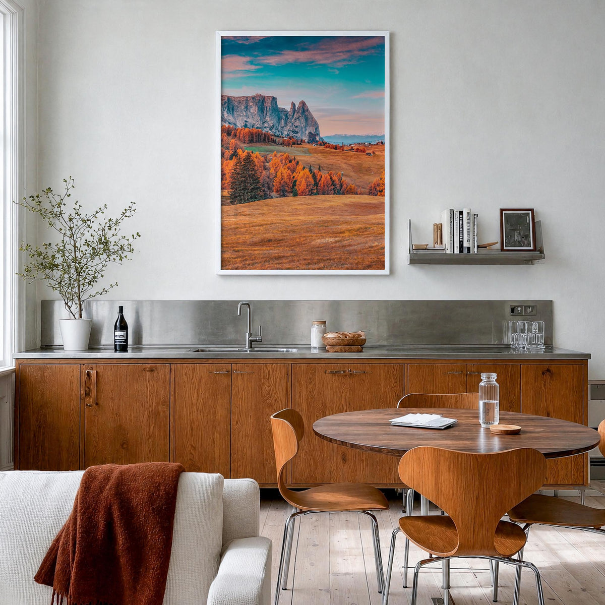Dolomites no. 2 colorful photo poster of Italy – vertical wall art in white wood frame, hanging on wall