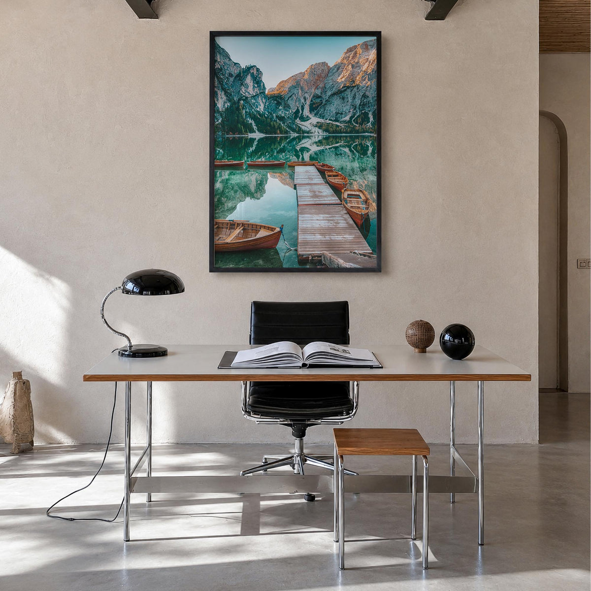 Dolomites no. 3 colorful photo poster of Italy – vertical wall art in black wood frame, hanging on wall