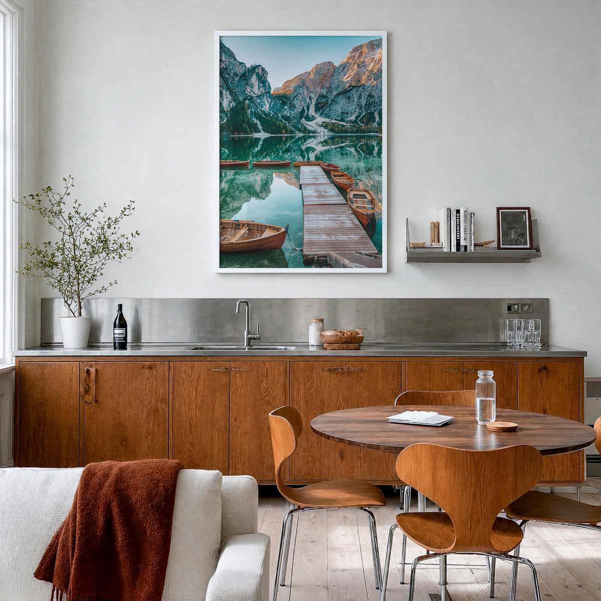 Dolomites no. 3 colorful photo poster of Italy – vertical wall art in white wood frame, hanging on wall