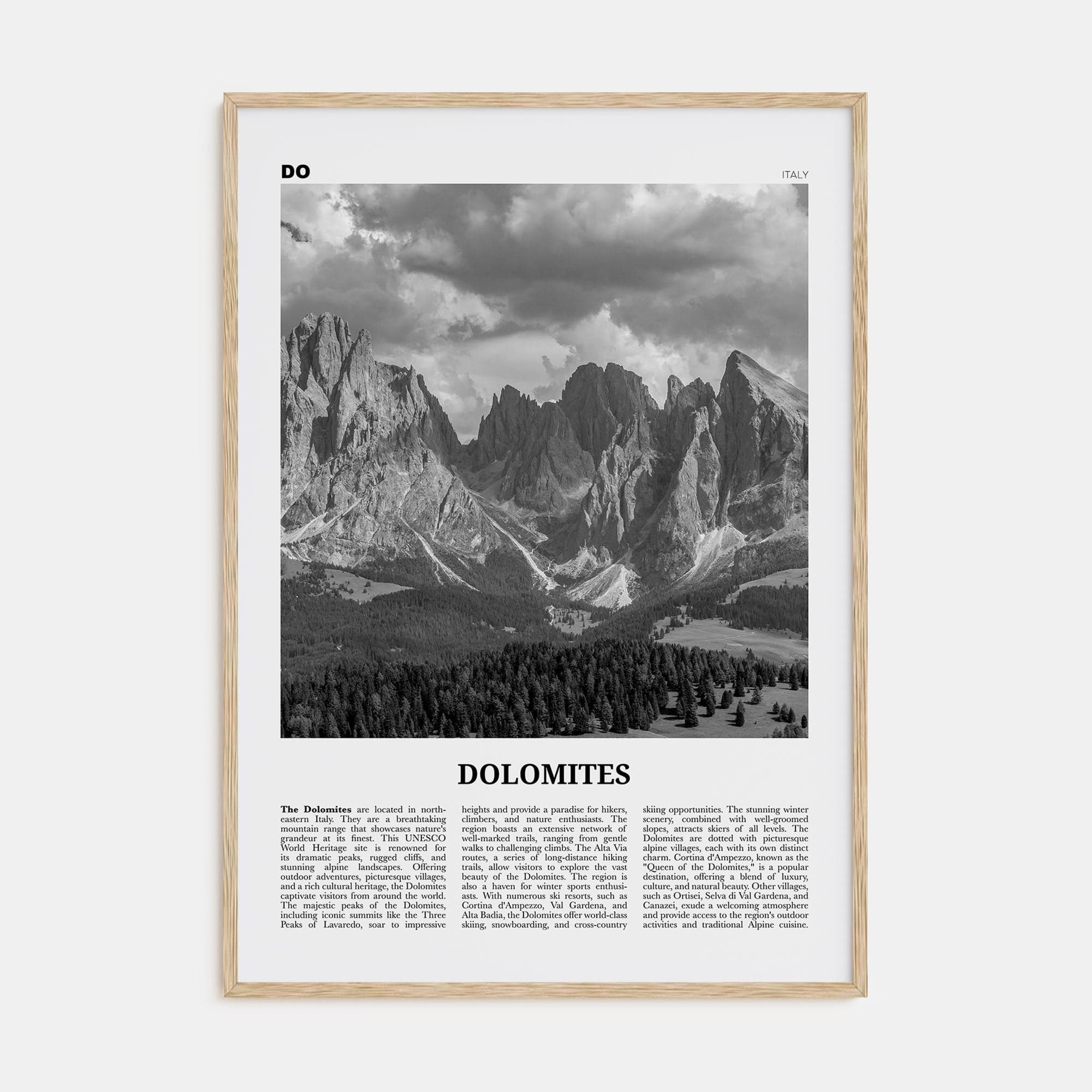 Dolomites Poster Natural Wood / 8x12 in Nbourhood Travel B&W Poster