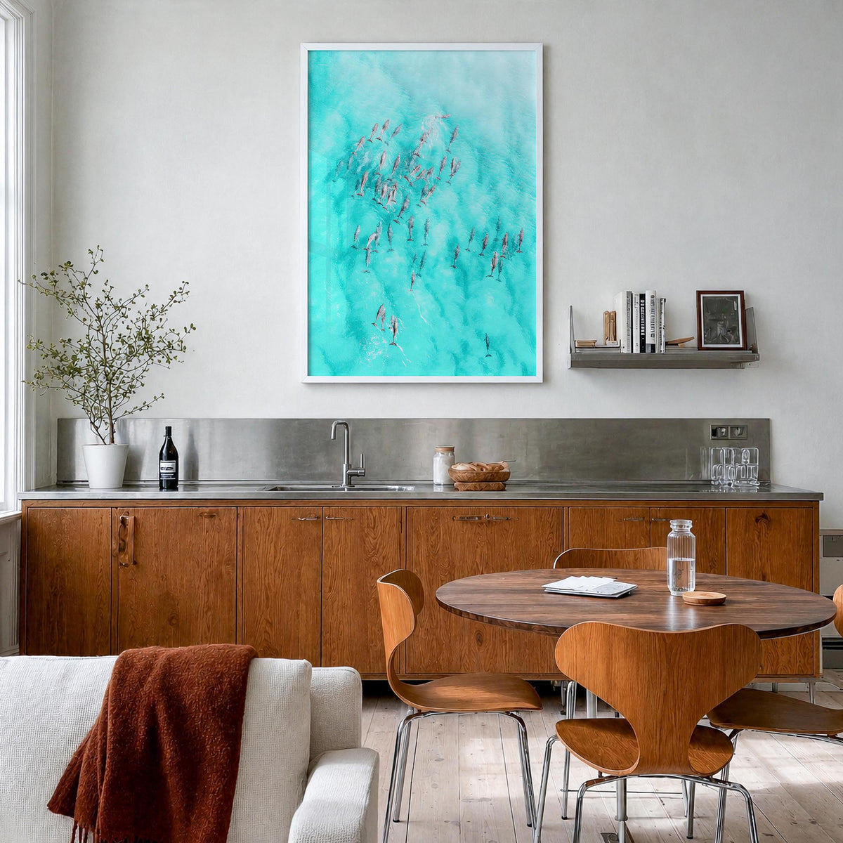 Dolphin Swimming colorful photo poster – vertical wall art in white wood frame, hanging on wall
