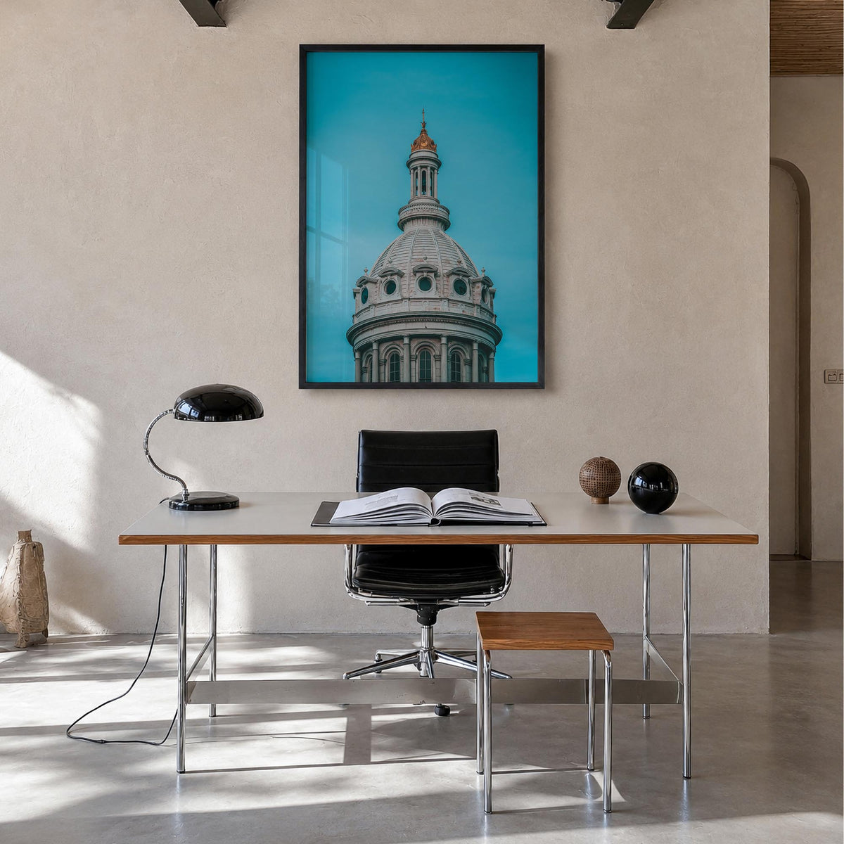 Dome of City Hall colorful photo poster – vertical wall art in black wood frame, hanging on wall