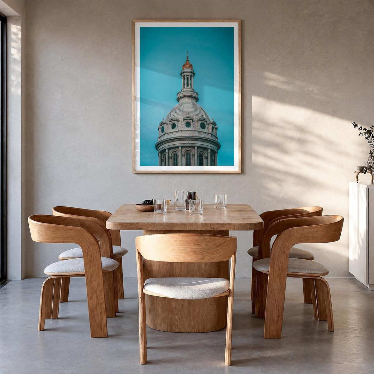 Dome of City Hall colorful photo poster – vertical wall art in natural wood frame with white border, hanging on wall