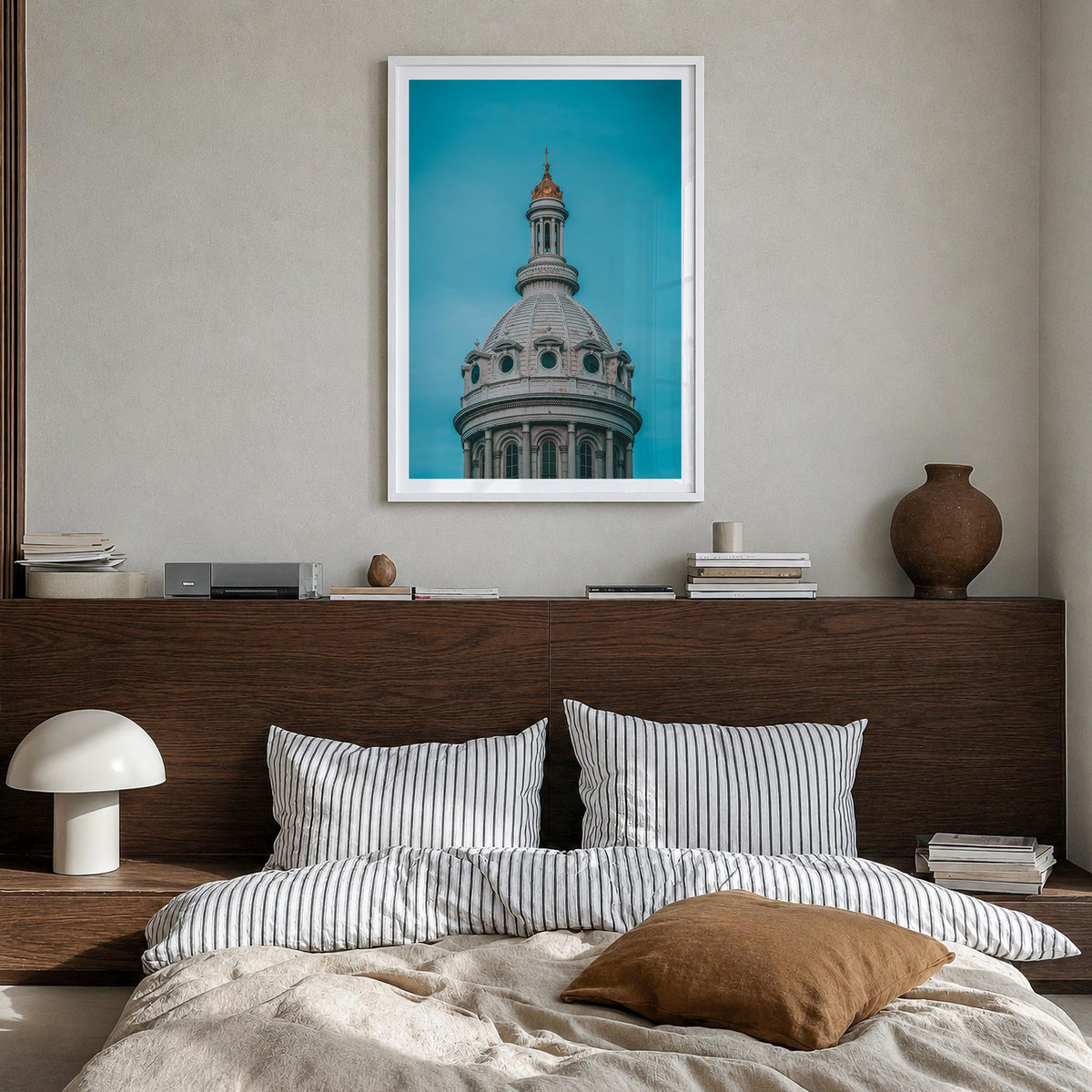 Dome of City Hall colorful photo poster – vertical wall art in white wood frame with white border, hanging on wall