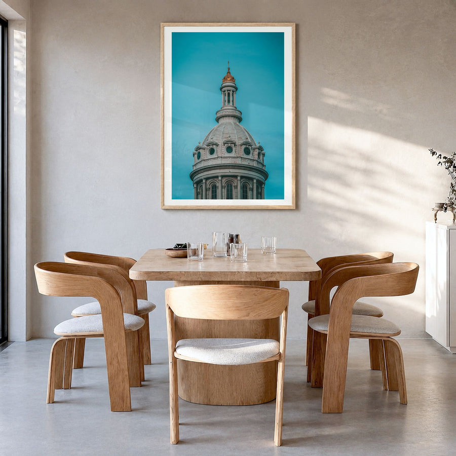 Dome of City Hall Photo Poster in a natural wood frame, hanging in a dining room, white border