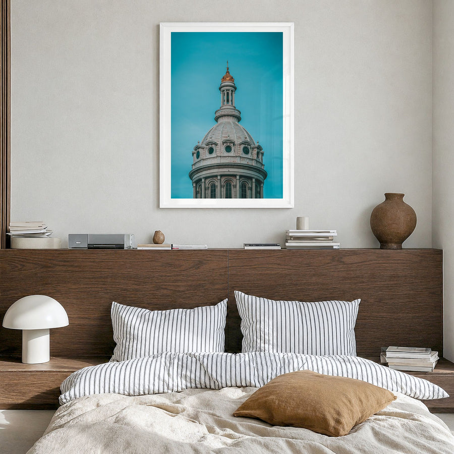 Dome of City Hall Photo Poster in a white wood frame, hanging in a bedroom, white border