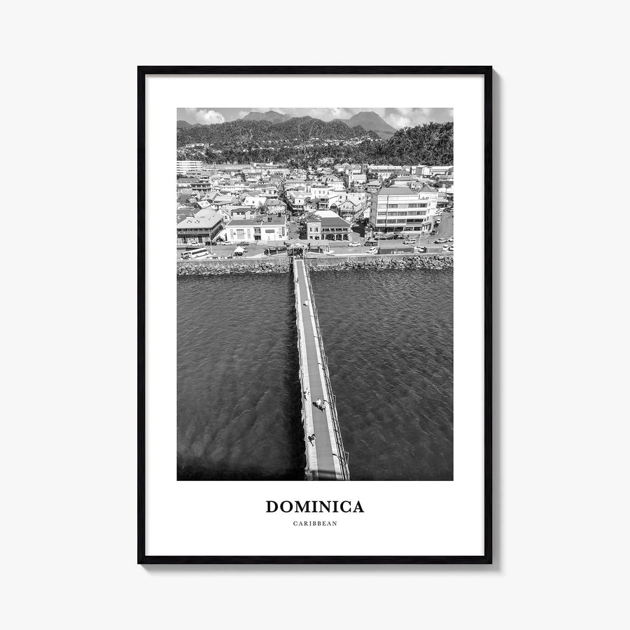 Dominica black & white classic poster of Caribbean – vertical wall art, unframed print shown in interior mockup