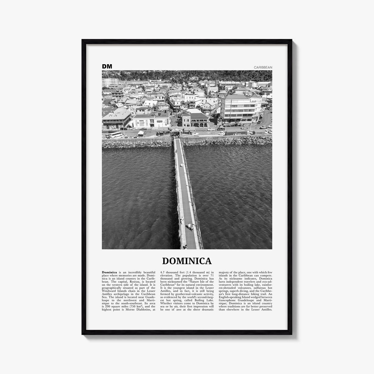 Dominica black & white newspaper poster of Caribbean – vertical wall art, unframed print shown in interior mockup