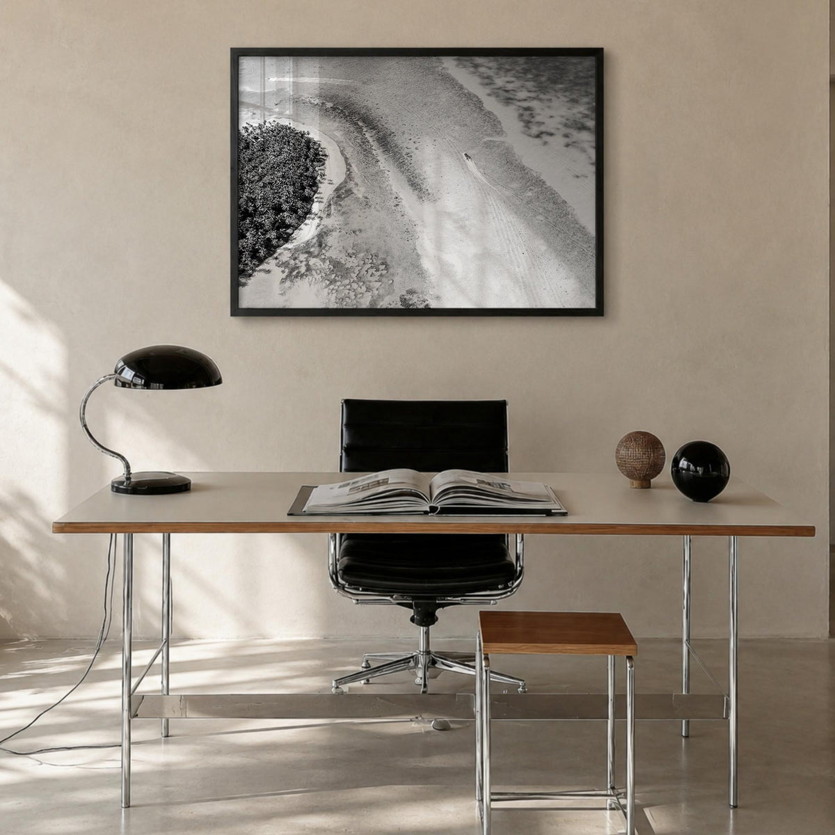 Dominican Republic black & white photo poster of Caribbean – horizontal wall art in black wood frame, hanging on wall
