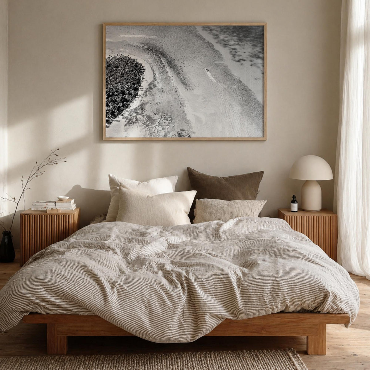 Dominican Republic black & white photo poster of Caribbean – horizontal wall art in natural wood frame, hanging on wall