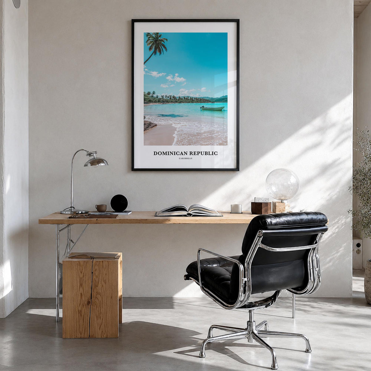 Dominican Republic colorful classic poster of Caribbean – vertical wall art in black wood frame, hanging on wall