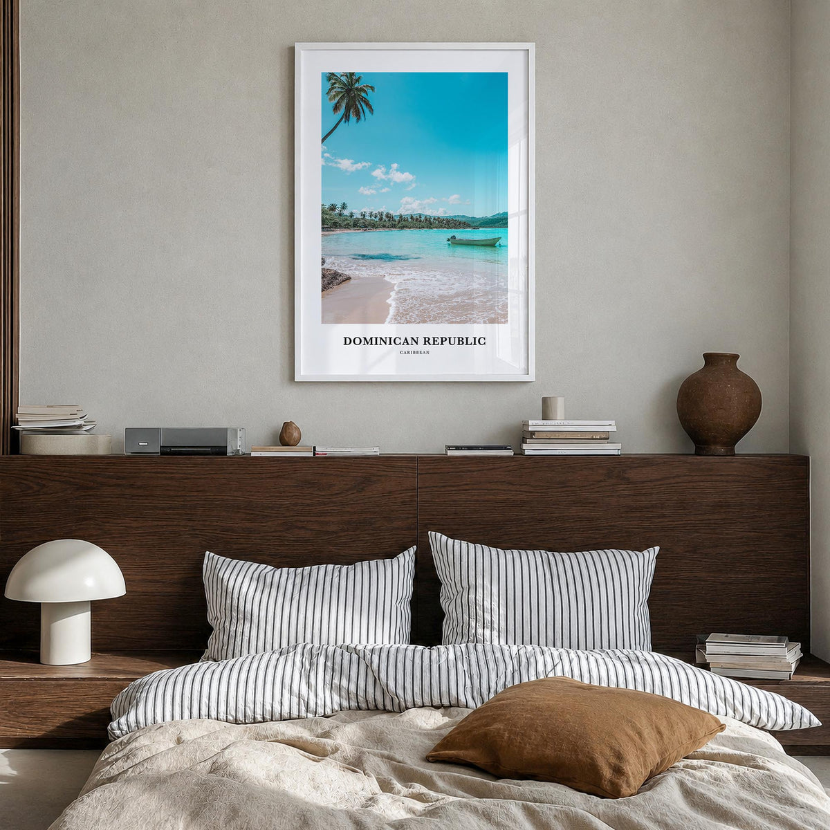 Dominican Republic colorful classic poster of Caribbean – vertical wall art in white wood frame, hanging on wall