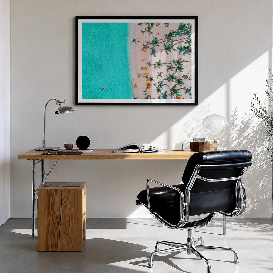 Dominican Republic colorful photo poster of Caribbean – horizontal wall art in black wood frame with white border, hanging on