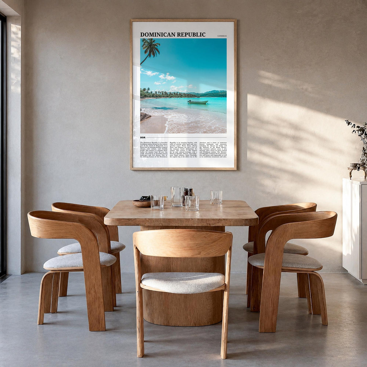 Dominican Republic colorful travel poster of Caribbean – vertical wall art in natural wood frame, hanging on wall