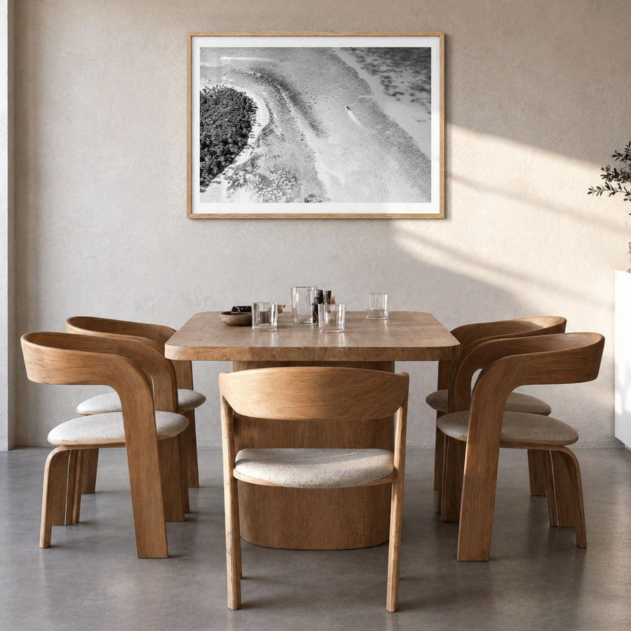 Dominican Republic Photo Poster in a natural wood frame, hanging in a dining room, white border