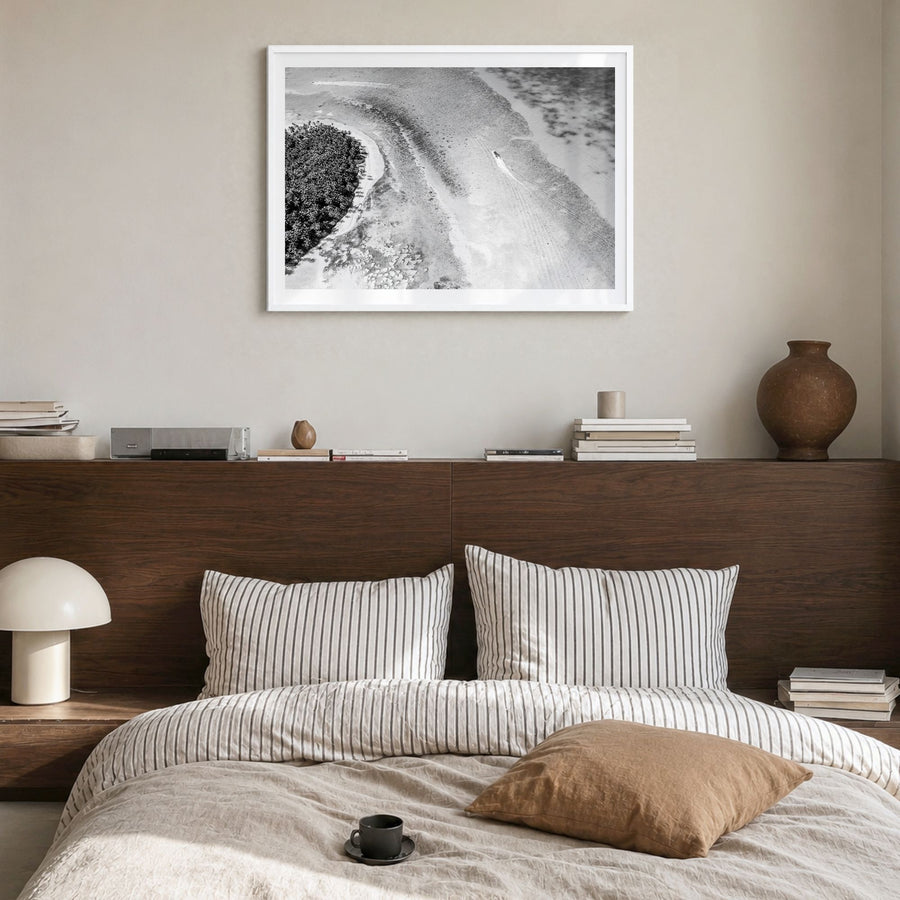 Dominican Republic Photo Poster in a white wood frame, hanging in a bedroom, white border