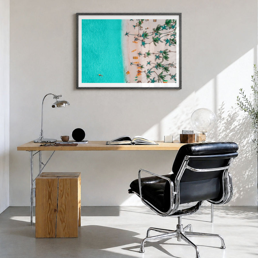 Dominican Republic Photo Poster in a black wood frame, hanging in a bright home office, white border