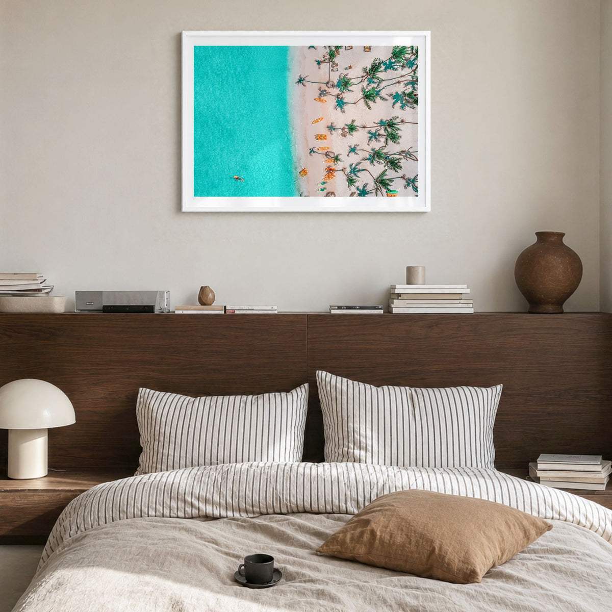 Dominican Republic Photo Poster in a white wood frame, hanging in a bedroom, white border