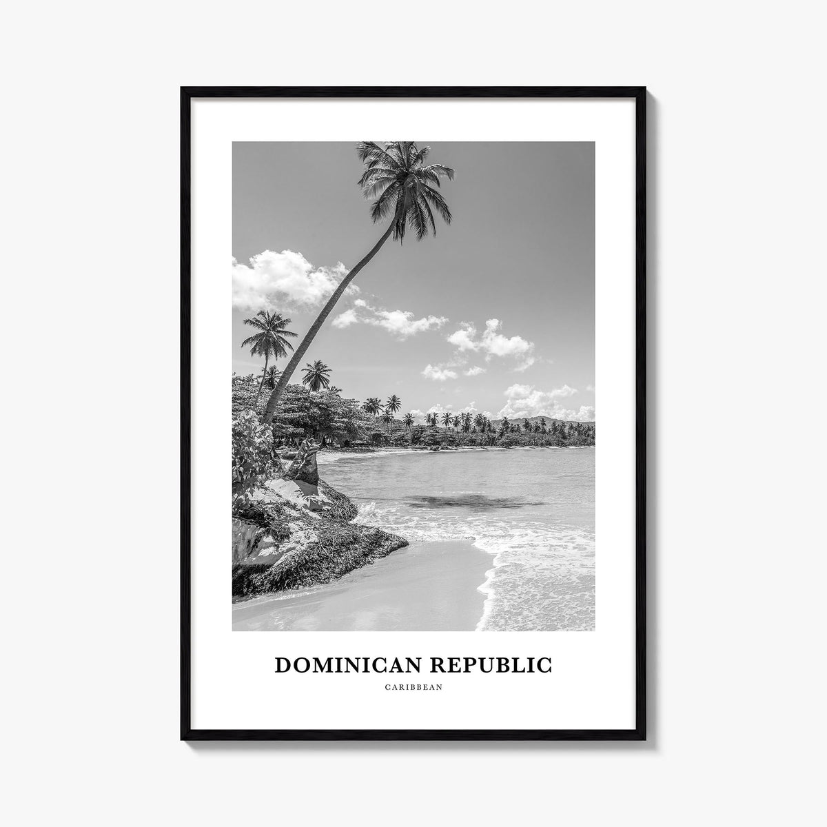 Dominican Republic no. 1 black & white classic poster of Caribbean – vertical wall art, unframed print shown in interior mock