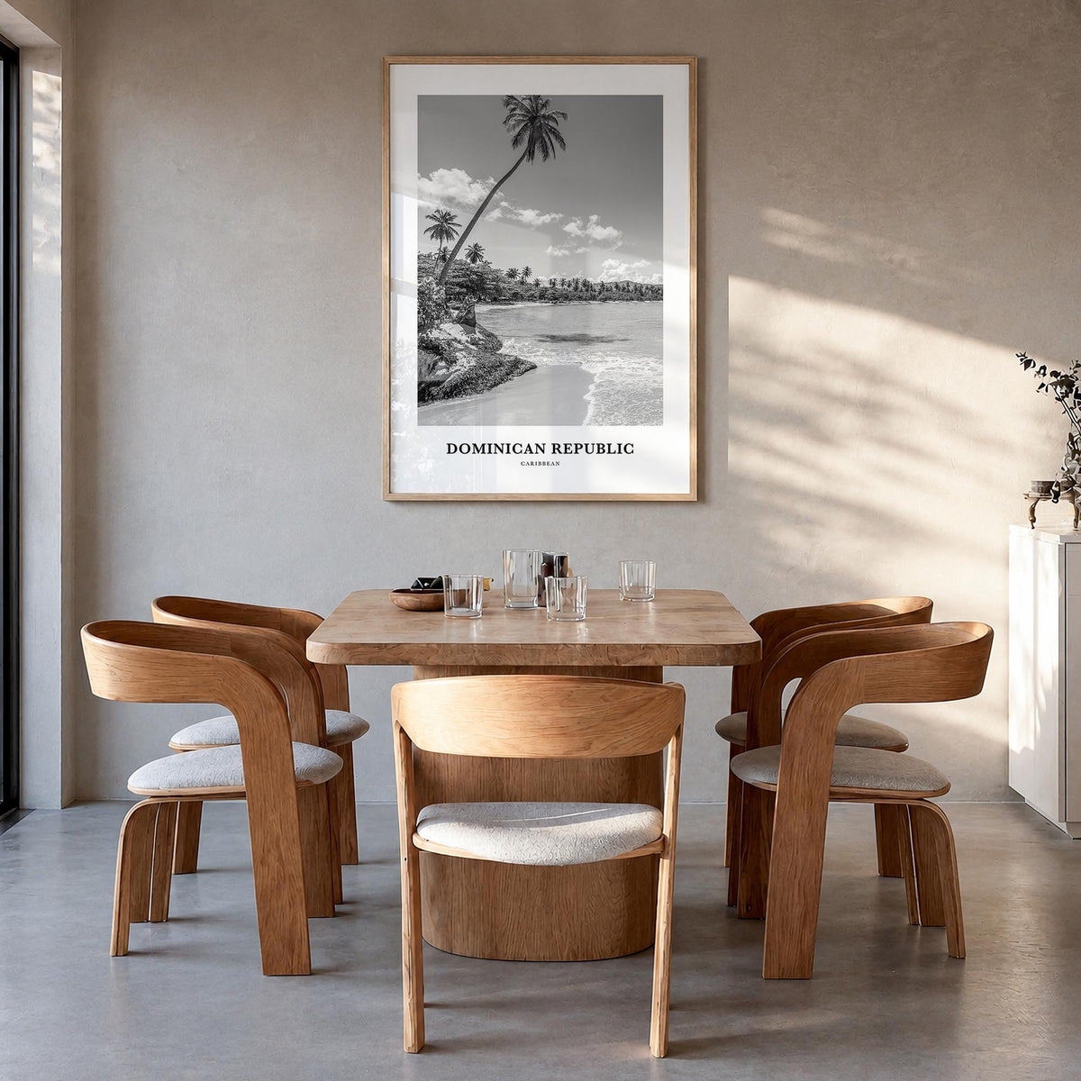 Dominican Republic no. 1 black & white classic poster of Caribbean – vertical wall art in natural wood frame, hanging on wall