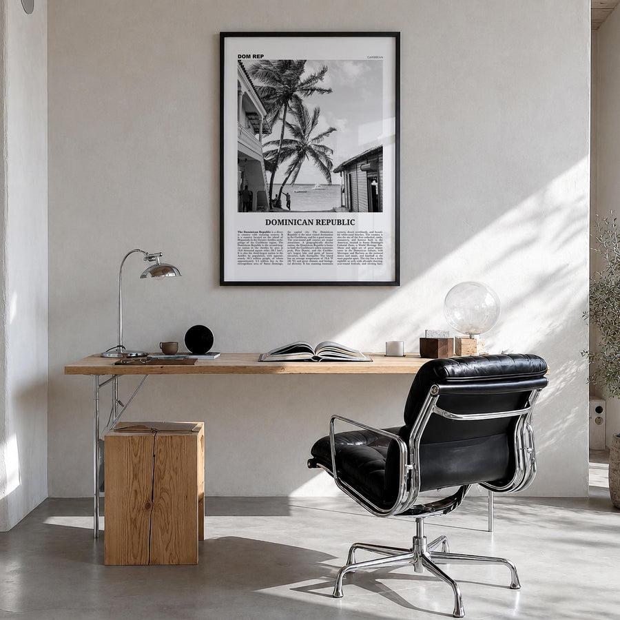 Dominican Republic no. 1 black & white newspaper poster of Caribbean – vertical wall art in black wood frame, hanging on wall