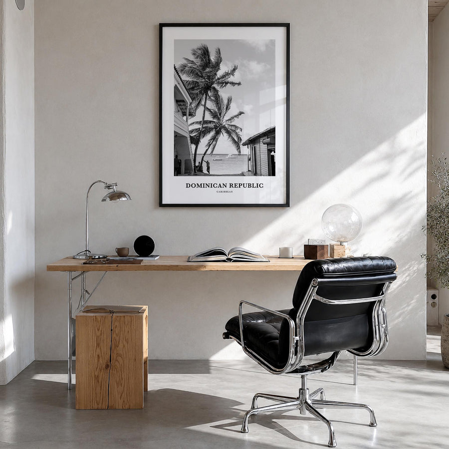 Dominican Republic no. 3 black & white classic poster of Caribbean – vertical wall art in black wood frame, hanging on wall