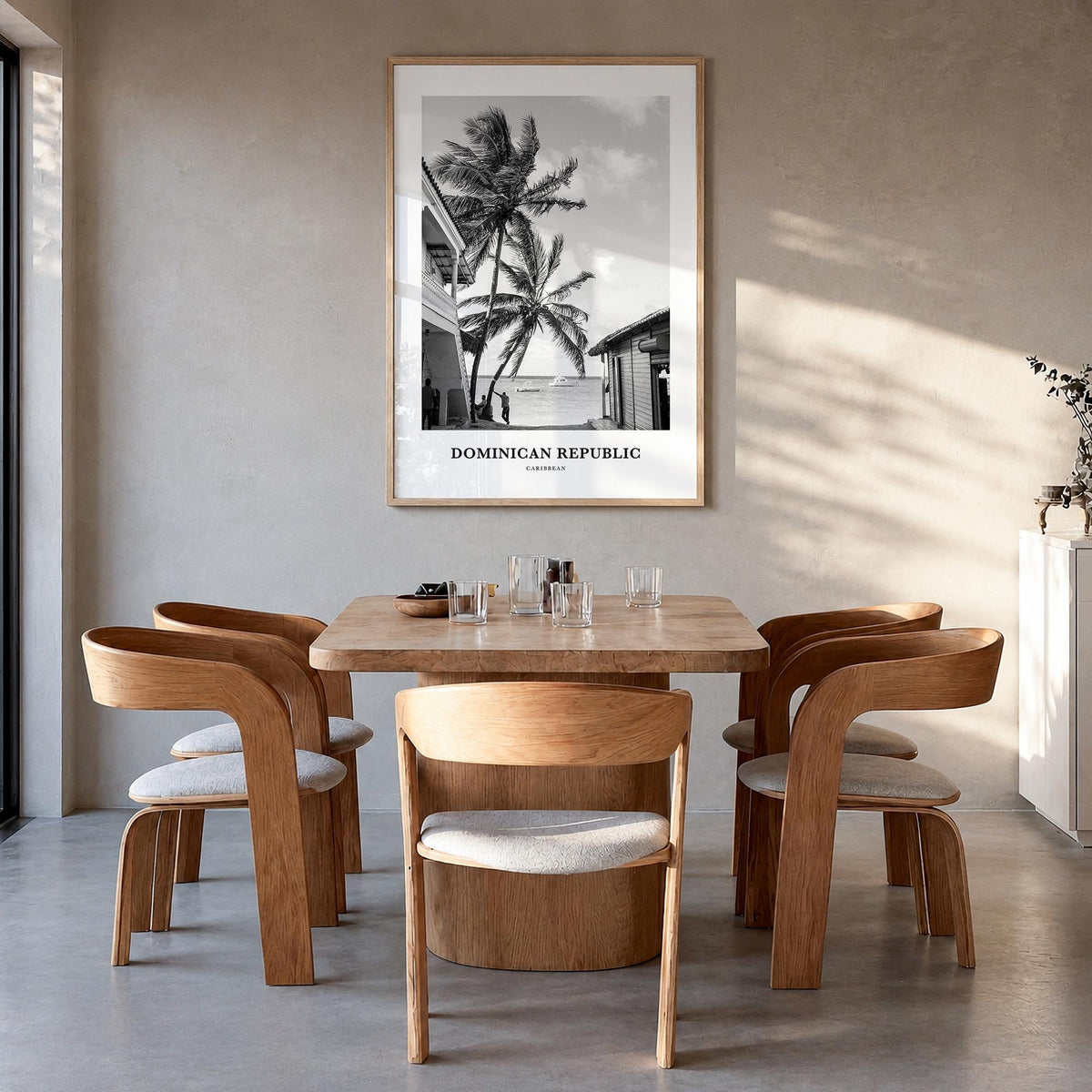 Dominican Republic no. 3 black & white classic poster of Caribbean – vertical wall art in natural wood frame, hanging on wall