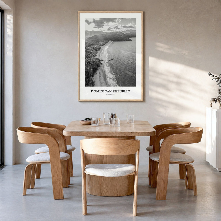 Dominican Republic Classic No 2 Poster in a natural wood frame, hanging in a dining room