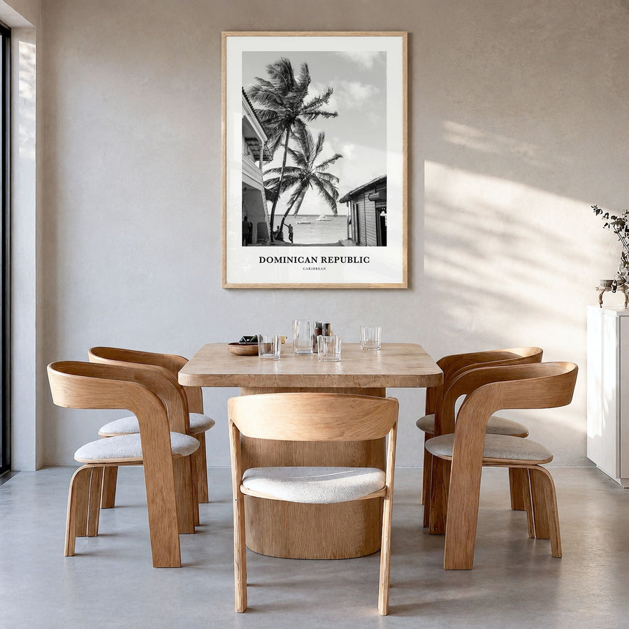 Dominican Republic Classic No 3 Poster in a natural wood frame, hanging in a dining room