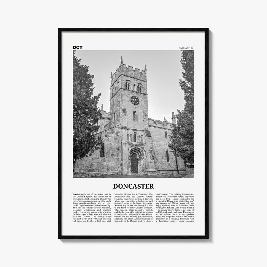 Doncaster black & white newspaper poster of United Kingdom – vertical wall art, unframed print shown in interior mockup