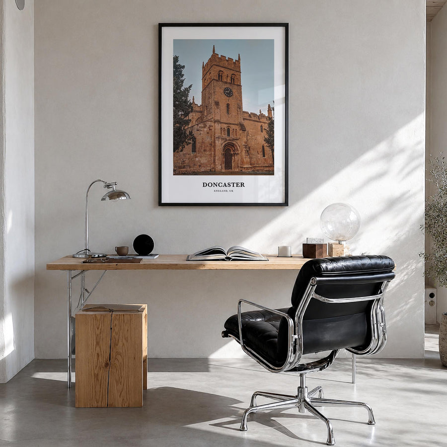 Doncaster colorful classic poster of United Kingdom – vertical wall art in black wood frame, hanging on wall