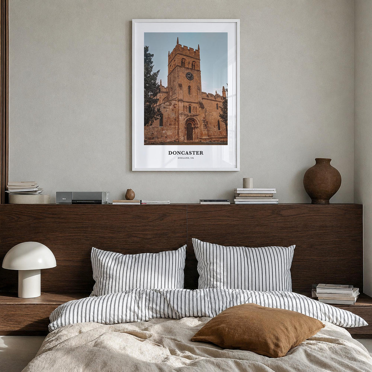 Doncaster colorful classic poster of United Kingdom – vertical wall art in white wood frame, hanging on wall