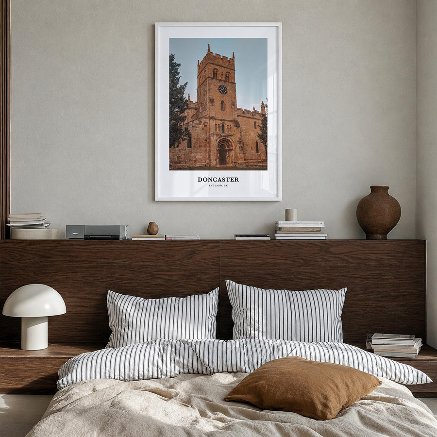 Doncaster colorful classic poster of United Kingdom – vertical wall art in white wood frame, hanging on wall