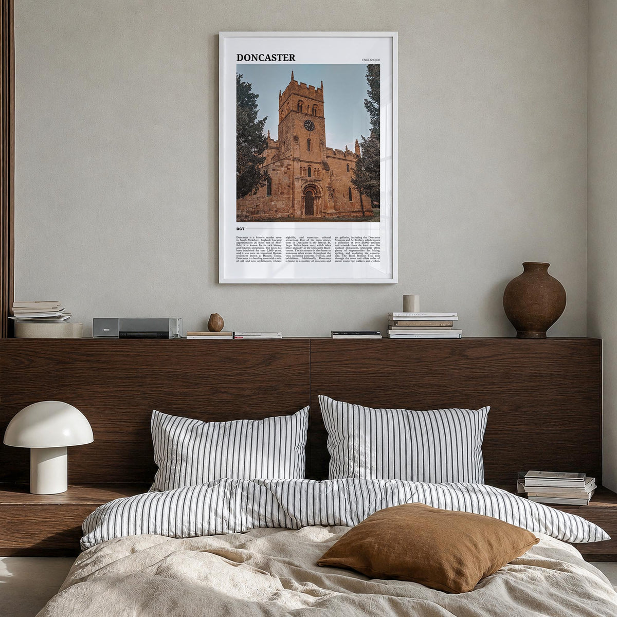 Doncaster colorful travel poster of United Kingdom – vertical wall art in white wood frame, hanging on wall