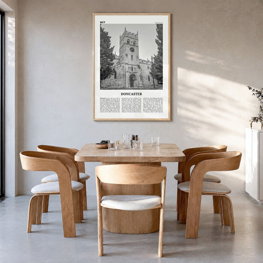 Doncaster Newspaper Poster in a natural wood frame, hanging in a dining room