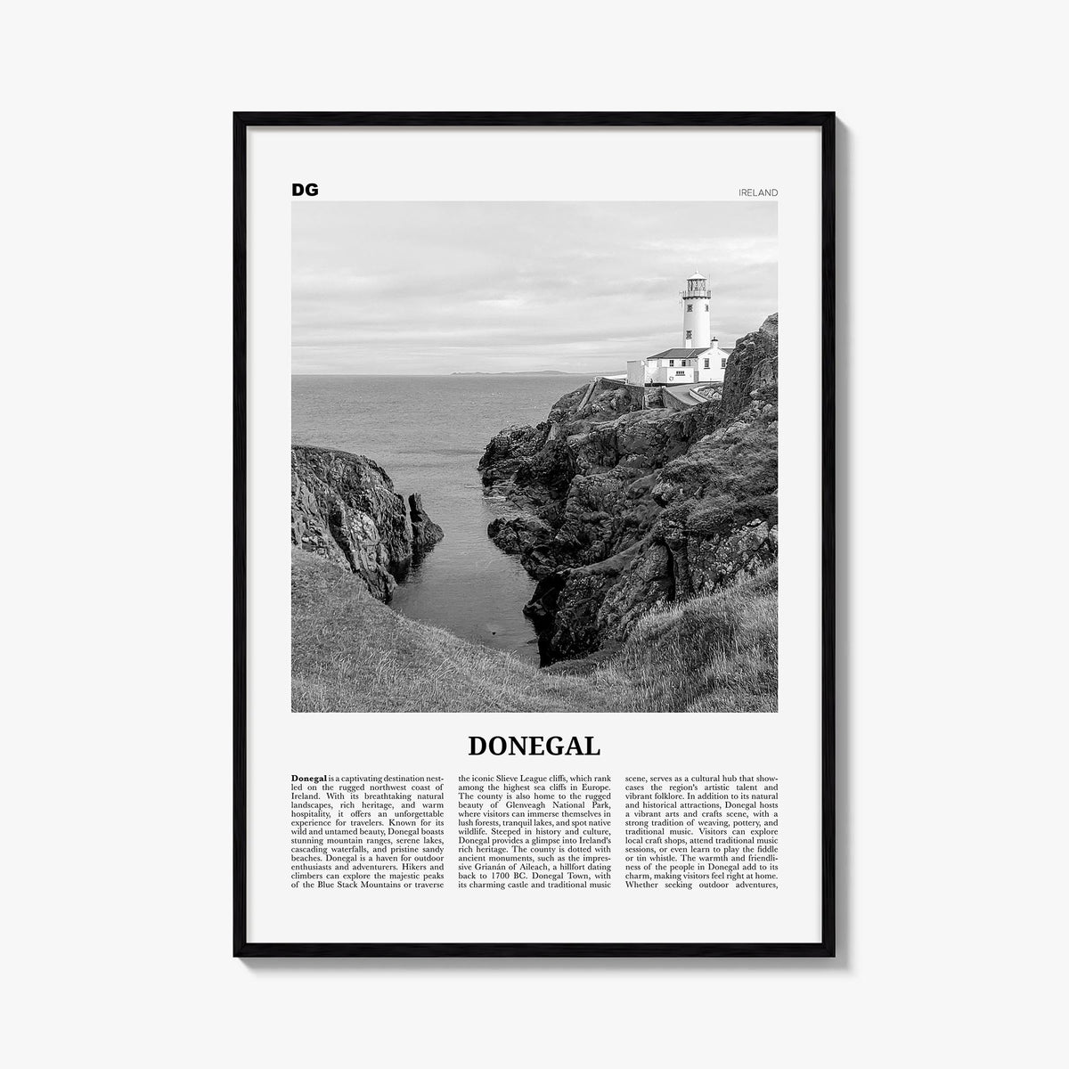 Donegal black & white newspaper poster of Ireland – vertical wall art, unframed print shown in interior mockup