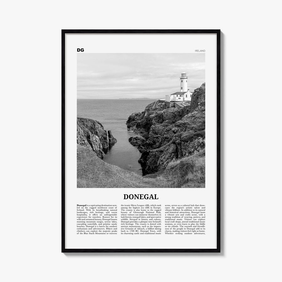 Donegal black & white newspaper poster of Ireland – vertical wall art, unframed print shown in interior mockup