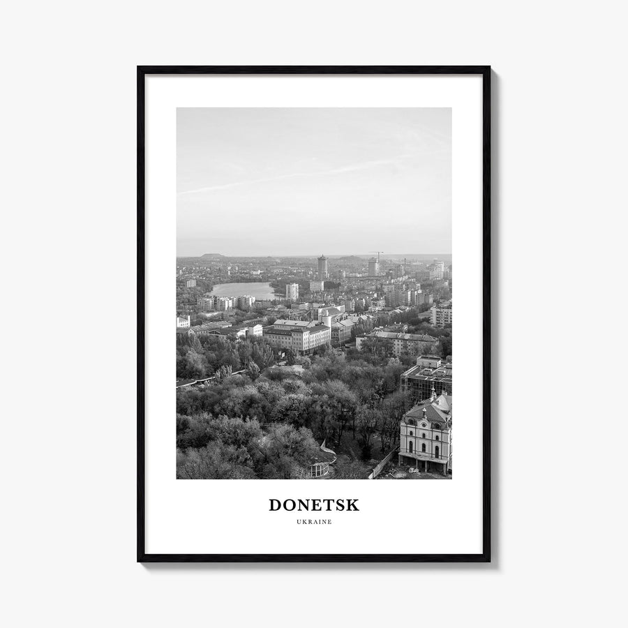 Donetsk black & white classic poster of Ukraine – vertical wall art, unframed print shown in interior mockup