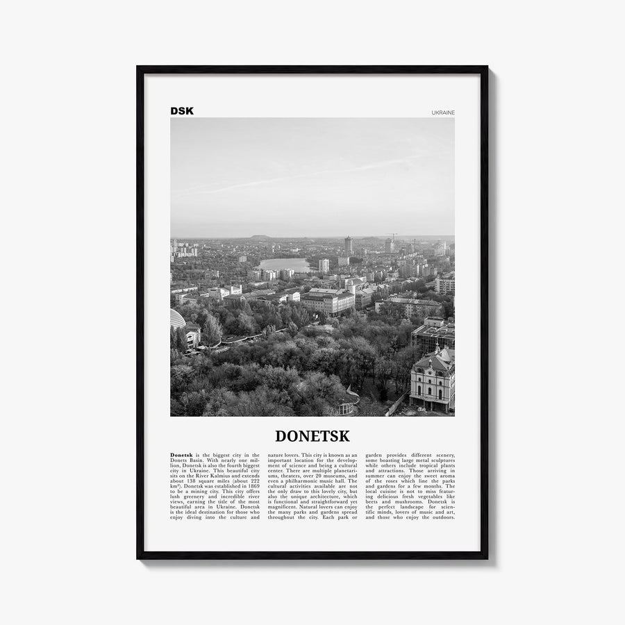 Donetsk black & white newspaper poster of Ukraine – vertical wall art, unframed print shown in interior mockup