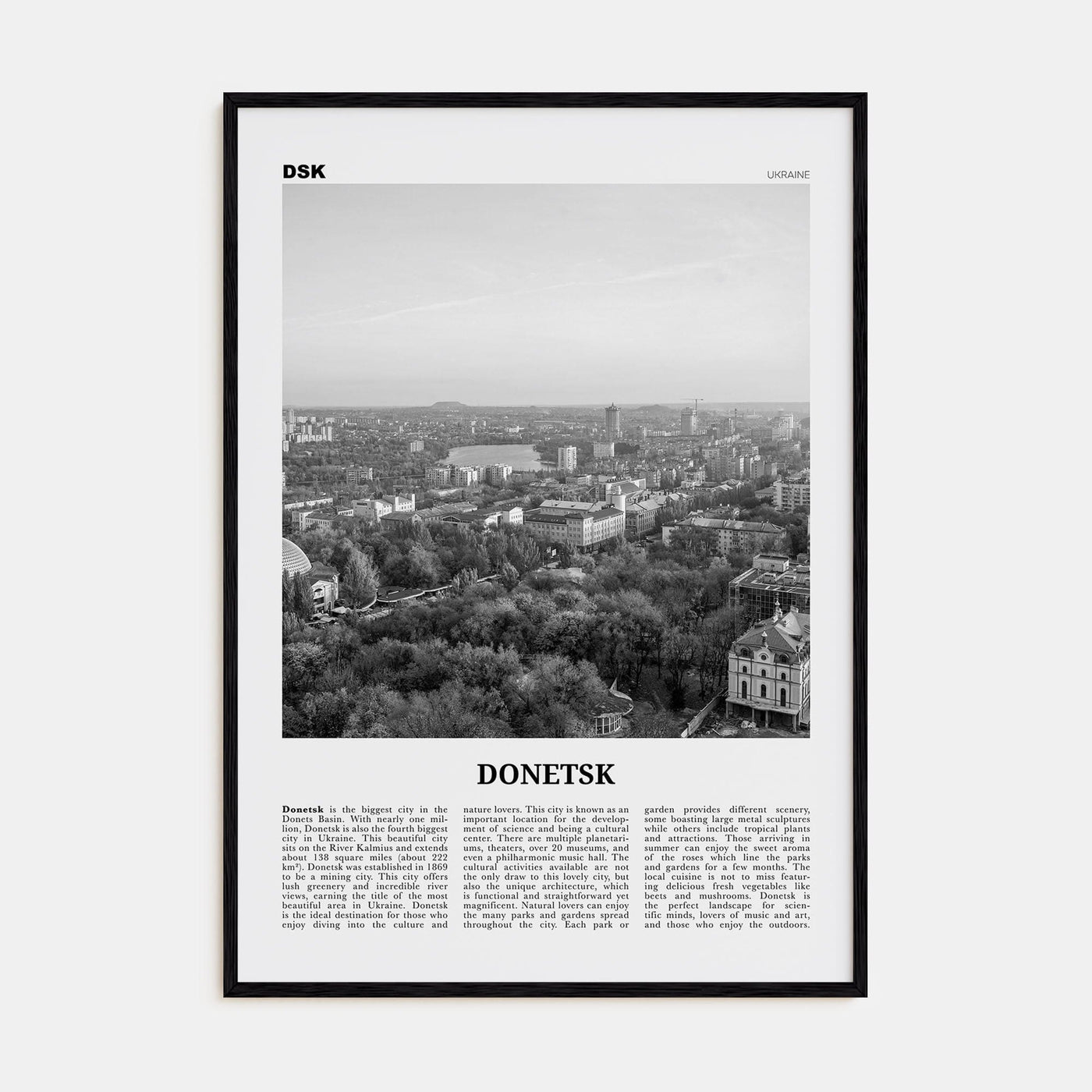 Donetsk Poster Black Wood / 8x12 in Nbourhood Travel B&W Poster