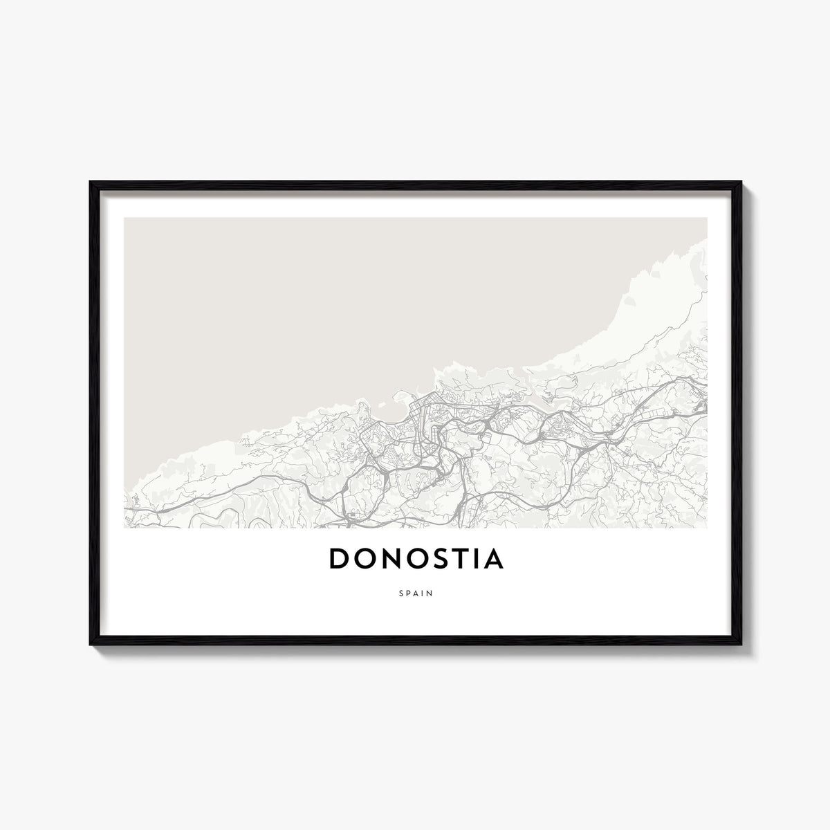 San Sebastián no. 1 black & white map poster of Spain – horizontal wall art, unframed print shown in interior mockup