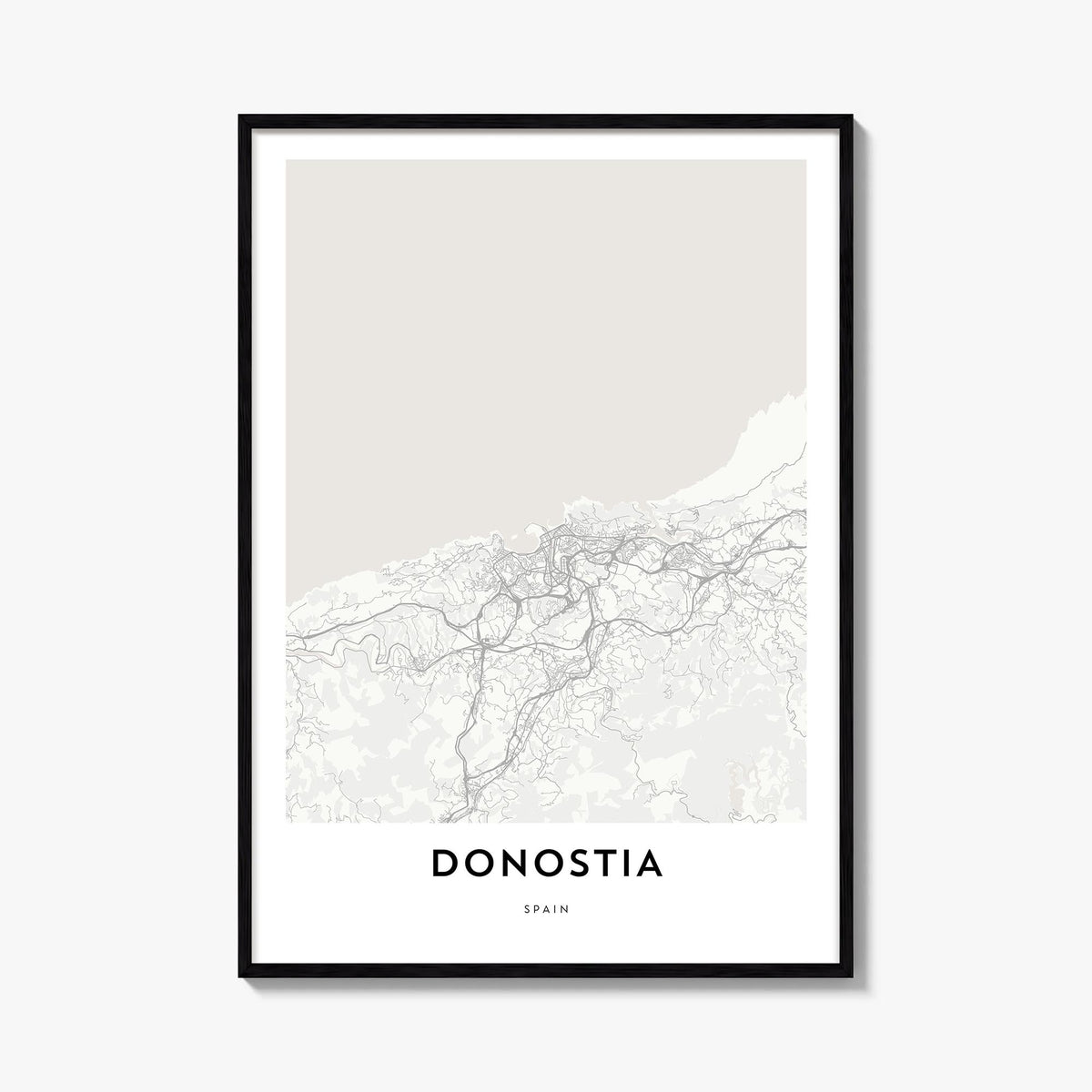 San Sebastián no. 1 black & white map poster of Spain – vertical wall art, unframed print shown in interior mockup