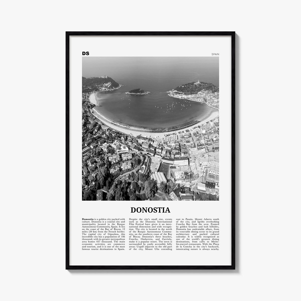 San Sebastián no. 1 black & white newspaper poster of Spain – vertical wall art, unframed print shown in interior mockup